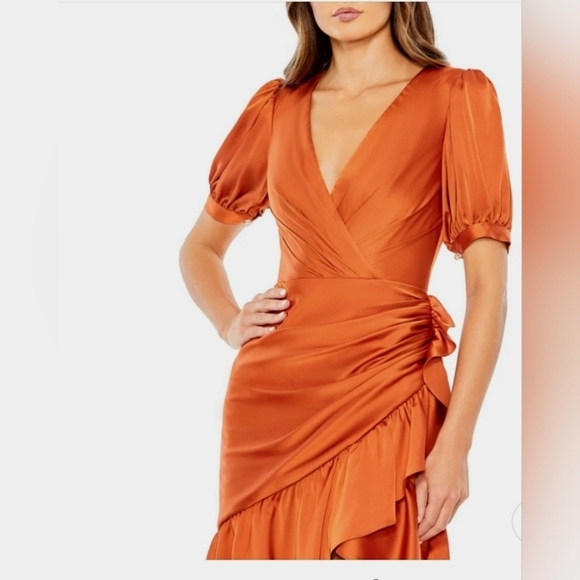 Ieena for Mac Duggal, Puff Sleeve Faux Wrap Mini Dress, Burnt Orange, Size 4,NWT - Picture 2 of 11